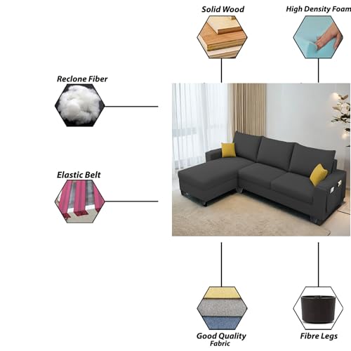 Image of Casaliving Porto LHS 4 Seater L Shape Sofa Set for Living Room (Black Fabric) Premium Velvet Fabric Sofa Set