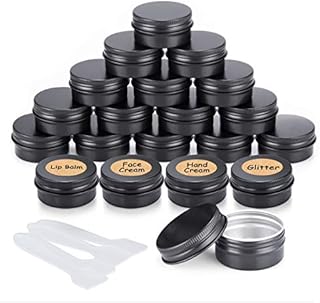 20pcs Empty Cosmetics Container Pots Aluminium Tin Jars with Screw Lids, Labels and Mini Spatula for Cream, Sample, Powder, Makeup Storage (20ml, Black)