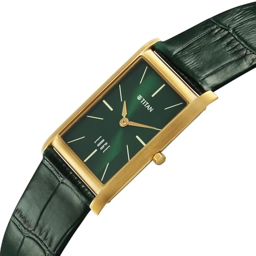 Image of EDGE Titan Monture Quartz Analog with Green Dial Gold Leather Strap Watch for Men - 1043YL11