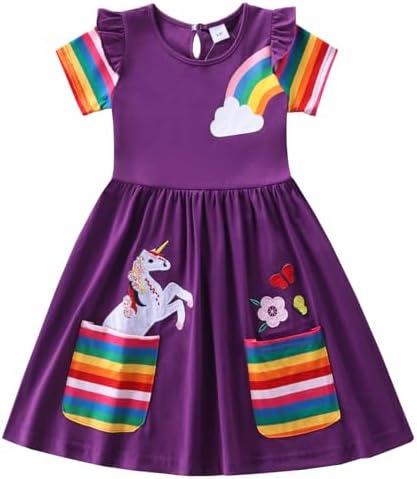 Kids Girls Summer Casual Unicorn Dresses Cotton Short Sleeve Crew...