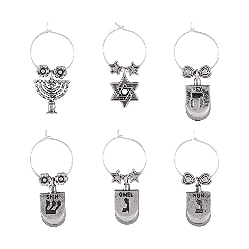 Supreme Housewares Happy Hanukkah Wine Charms, Zinc Alloy Wine Glass Tags for Stem Glasses, Drink Markers Identifiers for Parties, Tastings, and Entertaining, Multicolor, Set of 6