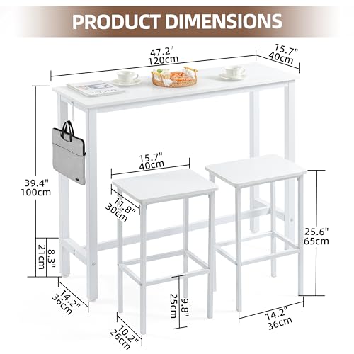Finnhomy 47\" Industrial Bar Table Set with 2 Stools - Counter Height Dining & Pub Table for Small Spaces, Kitchen, Apartment, Breakfast Nook - Metal & Wood, Space-Saving Furniture - White - Thumbnail 4