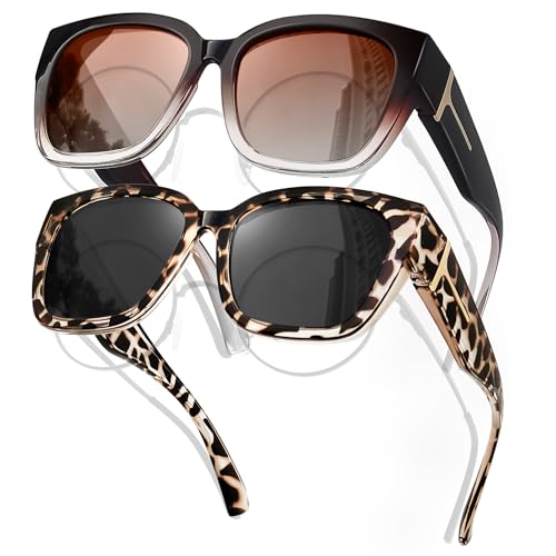 Fit Over Glasses Women Polarized Sunglasses Square Wrap Around Over Glasses UV Protection & 2 Pack