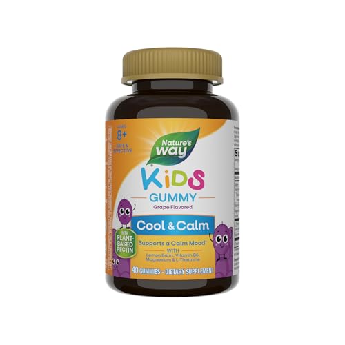 Nature's Way Kids Cool & Calm Gummies, Supports a Calm Mood in Kids Ages 8+*, Lemon Balm, Magnesium, Vitamin B6, L-Theanine, Grape Flavored, Vegetarian, 40 Count (Packaging May Vary)