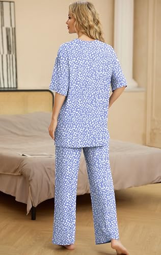 Image of PrinStory Womens Pajamas Sets 2 Piece Lounge Set Short Sleeve Tops and Long Pants Soft Pjs Loungewear with Pockets