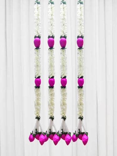 Cloth Jasmine Flowers Ladi with Lotus Latkan Chain, 3ft Long, 4 P...