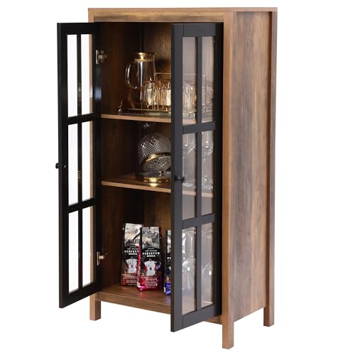 LuxenHome-Storage-Cabinet-with-2-Door-Natural-Wood-Glass-Accent-Cabinet-Farmhouse-Kitchen-Pantry-Cabinet-475-Freestanding-Buffet-Cabinet-with-Storage-for-Living-Room LuxenHome Storage Cabinet with 2 Door Natural Wood Glass Accent Cabinet Farmhouse Kitchen Pantry Cabinet 475 Freestanding Buffet Cabinet with Storage for Living Room