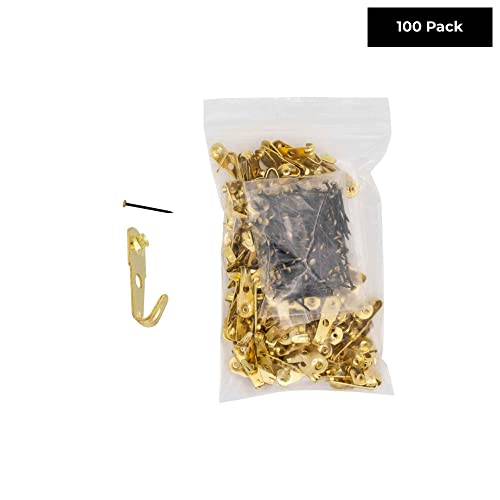 Image of Professional 30 LB Brass Plated Picture Hangers with Hardened Steel Pins Pack of 100 for Picture Frame Hanging