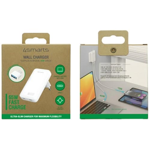 Cargador GaN 65W 4smarts FlatPlug Slim alimentador doble USB C color blanco para viaje 4