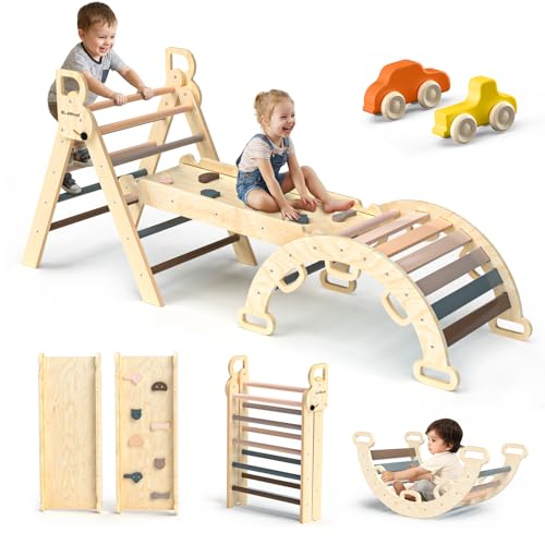Image of BlueWood Pikler Triangle Set 7in1 Foldable Baby Climbing Toys Wooden Montessori Climbing Set with Arch&Ramp&Ladder Baby Climber Indoor Jungle Gyms for Toddlers Montessori Toys - Mauve Pink