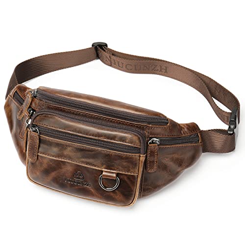 Genuine Leather Fanny Pack HandMade Durable cowhide Waist Bag Lots of Anti-theft zipper pocket Waxed Brown