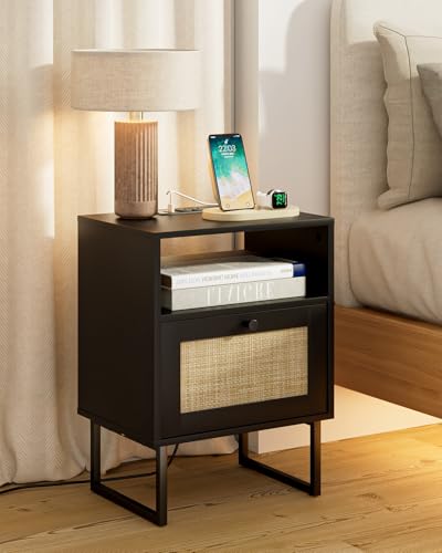 Image of Rattan Nightstand with Charging Station, Boho Night Stand Farmhouse Wood Bedside Table with Storage and Open Shelf, End Side Accent Table for Bedroom,Living Room,Black