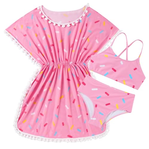 Image of Goodstoworld 7-12Y Girls 3 Piece Cover Up Swimsuit Hawaiian Bikini Bathing Suit with Pompom Tassel