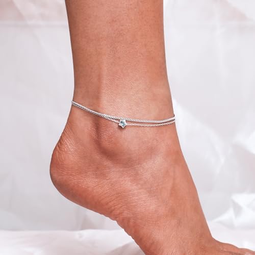 Image of CHIC & ARTSY 925 Sterling Silver Ankle Bracelets for Women, Adjustable Double Layer Chain Anklets, Minimalist Lightweight Foot Jewelry for Beach & Everyday Wear