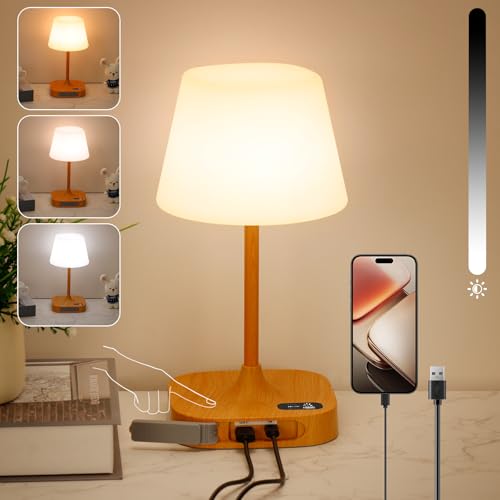 Wireless Table Lamp, Rechargeable Bedside Lamps with USB/Type-C Charging Ports Waterproof Portable Small Table Lamp, Adjustable Brightness & Color Temperature for Bedroom, Camping, Indoor & Outdoor