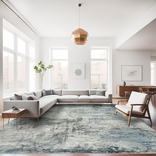 RUUGME Abstract 9x12 Washable Rug - Area Rugs for Living Room Waterproof Large Indoor Ultra Thin mat for Bedroom Stain Resistant Non-Slip Backing Distressed Soft Room Farmhouse Floor Carpet 9X12 Blue