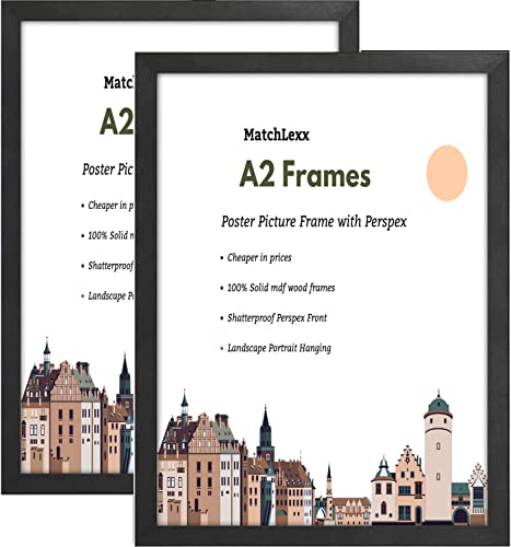 Set of 2 A2 Frame Solid Wood Picture Frames, A2 Poster Frame Photo Frame, A2 (42 x 59.4cm) Black Canvas, Paintings, Print, Picture Frames - with Perspex Front Wall Decor Portrait & Landscape