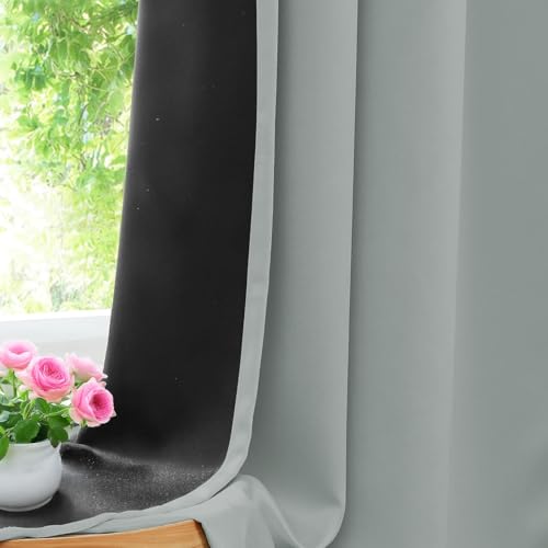 Image of LINENWALAS Window Curtains 5 Feet Set of 2 - Thermal Insulation 100% True Blackout Curtains, Black Backing & Fade Resistant Drapes for Living Room, Bedroom (Light Grey)