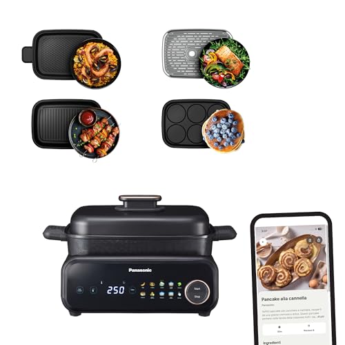 Panasonic NF-GM400 Multi-Cooker Elettrico 4 in 1, Griglia elettrica, Friggere, Cottura Lenta, BBQ, Vapore, Saltare, 1400W, 40-250°C, 9 Modalità Automatiche, Piastre lavabili in lavastoviglie