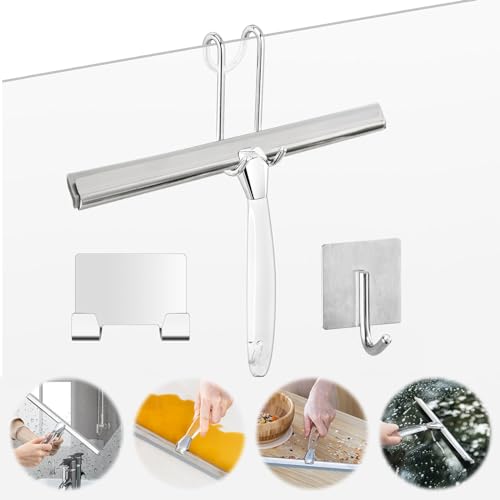 Image of All-Purpose Shower Squeegee for Shower Glass Door with 3 Hooks, Stainless Steel & Acrylic Bathroom Cleaner Tool Household Window Mirror Squeegee for Glass Doors, Cleaning Tile Wall, Car, 12 Inch