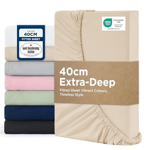 Bedsure Super King Fitted Sheet - Bed Sheets Extra Deep Pocket 16 Inches (40 cm) Soft Brushed Polyester Microfiber Material for Super King Bed Beige 180x200cm