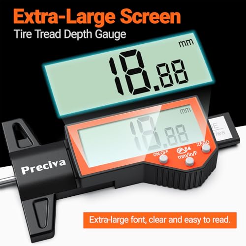 Image of Preciva Tire Tread Depth Gauge, Digital Tire Depth Gauge with Large LCD Display and Inches, Millimeters, Fraction Conversion, Tread Depth Gauge Suitable for Thread Depth, Brake Shoe and Pad Wear