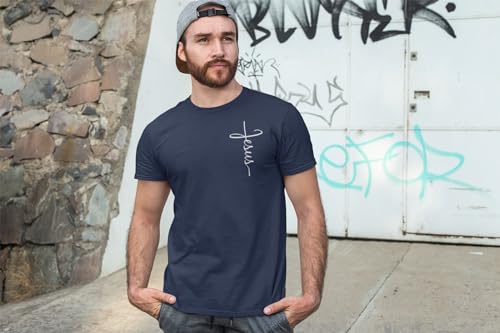 T-shirt Jésus cross cursive script bleu marine L - Portez votre foi