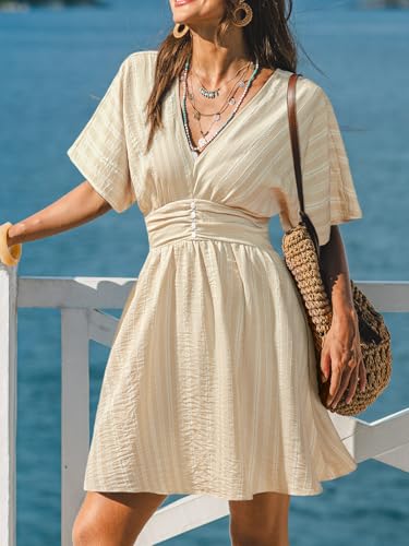 Image of CUPSHE Women Summer Dress Striped V Neck Smocked Waist Front Buttons Sun Dress Casual Vacation Beach Short Mini Dress