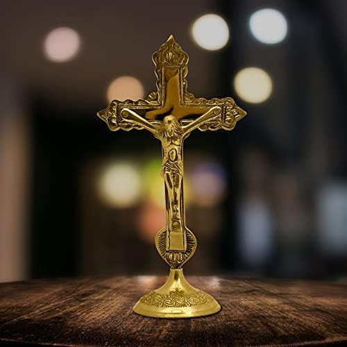 Genieland 6.6 Inch Antique Brass Jesus Crucifix For Catholic Church Alter. Gold Finished Chapel Standing Ornate Tabletop Cross For Office and Home Decor Housewarming Return Gift Item Bulk