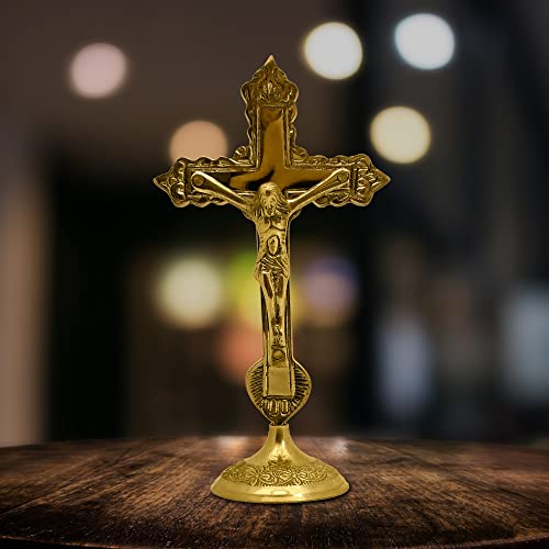 Genieland 6.6 Inch Antique Brass Jesus Crucifix For Catholic Church Alter. Gold Finished Chapel Standing Ornate Tabletop Cross For Office And Home Decor Housewarming Return Gift Item Bulk #TOP1