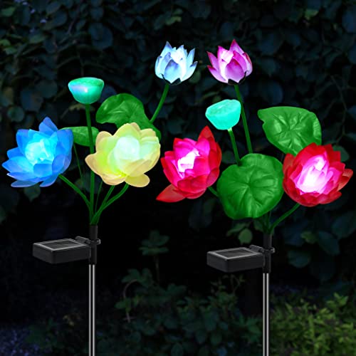 Solar Lotus Lights Outdoor Garden Waterproof 2PCS, Solar Yard Decoration Lights, Solar Flower Lights IP65, Color Changing Solar Power LED Landscape Lamp for Patio Lawn Pathway, Color