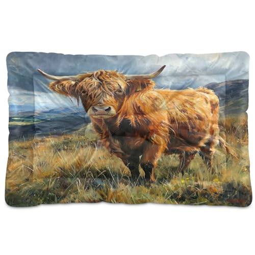 KJIZMO Highland Cow Painting Dog Bed Mat, Soft Comfortable Warm Crate Pad with Anti-Slip Bottom, Machine Washable Pet Mattress for Pets Sleeping for Large Medium Dogs & Cats 24x18in