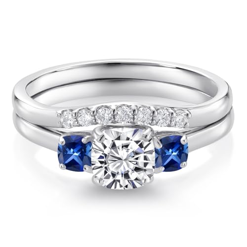 Gem Stone King 10K White Gold Lab Grown Diamond and Blue Created Sapphire 3-Stone Bridal Engagement Wedding Ring Set For Women | 1.03 Cttw | 5MM and 3MM Cushion Cut | Size 5,6,7,8,94
