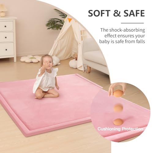 Image of Huloo Sleep Ultra Soft Baby Play Mat for Floor, 1.3 inch Thick Elasti-Foam 65x50 Play Mat for Playpen,Water-Repellent Coral Velvet for Tummy Time, Non-Slip Backing,Safe for Toddlers & Infants(Pink)