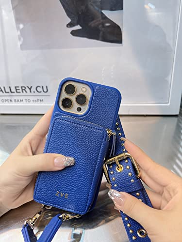 Zve Iphone 13 Pro Max Wallet Case, Zipper Leather Phone Case Crossbody With Rfid Blocking Card Slots Adjustable Rivet Wide Strap Purse Present Cover For Iphone 13 Pro Max, 6.7 Inch, 2021- Navy Blue #TOP3