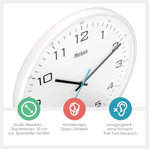 Mebus Analogue Quartz Wall Clock Classic Design Large Numbers 30 cm Diameter White Model: 16248 - Image 3