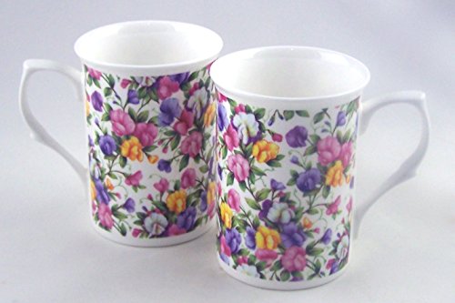 Sweet Pea Chintz - Pair Fine English Bone China Mugs - England - Set of Two