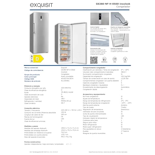 Exquisit® Congelador Vertical 380L, Inoxlook, Clase D, Tecnología No-Frost, Control Digital, Función DUAL, Congelación Rápida, Puerta Reversible, Medidas (185,5 x 71,0 x 71,0 cm) - imagen 13