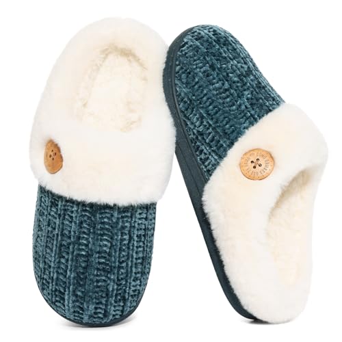 Image of Evshine Warm Knit House Slippers for Women Comfy Wool-Like Lined Chenille Slippers with Memory Foam and Indoor Outdoor Soles