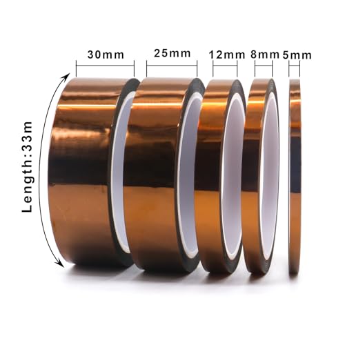 Image of BOMEI PACK Polyimide Tape, 5 Pack High-Temperature Resistant Tape 5 /8 /12 /25 /30mm x 33m(108ft), No Residue Heat-Resistant Tape for Electric Task, 3D Printing, Soldering, Sublimation, Masking