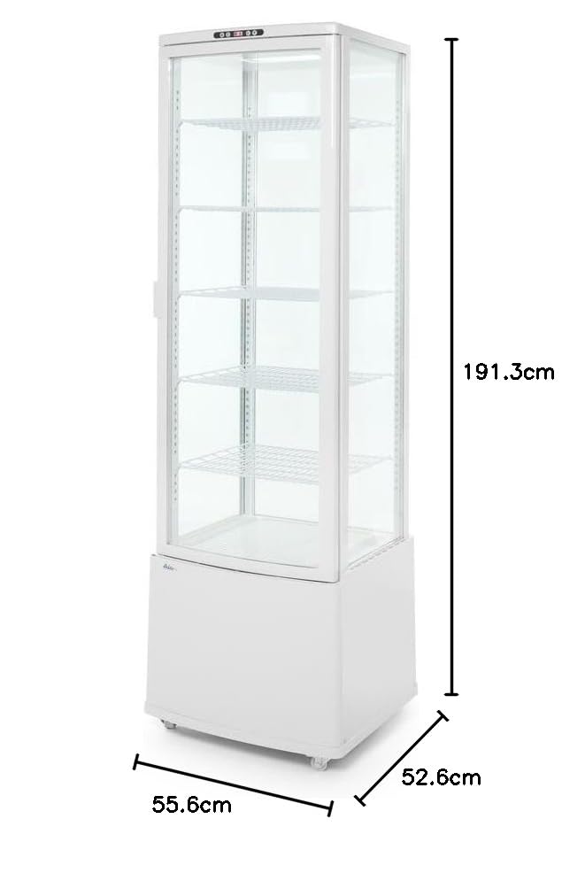 HENDI Witryna chłodnicza, z 5 regulowanymi półkami, zakres temperatur: od 0° do 6°C, 4 kółka, oświetlenie LED, lodówka, 270L, 230V/380W, 556x526x(H)1913mm, stal nierdzewna, szkło, ABS, PVC, biały