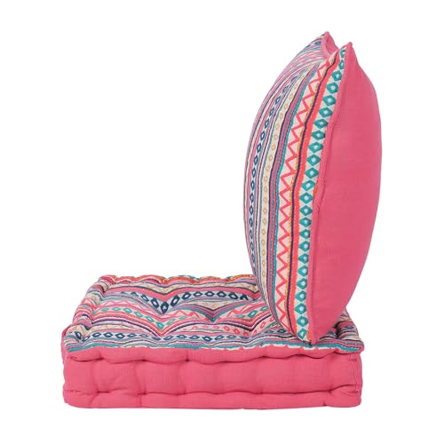 Image of Weaved Quilted Floor Cushion Set 40x40x8 cm Pink Boho with Cotton Filler & Back Cushion, Small Size for Seating, Patio Seat, Meditation, Yoga, Pooja, Guests, Living - 16x16x3 Inch