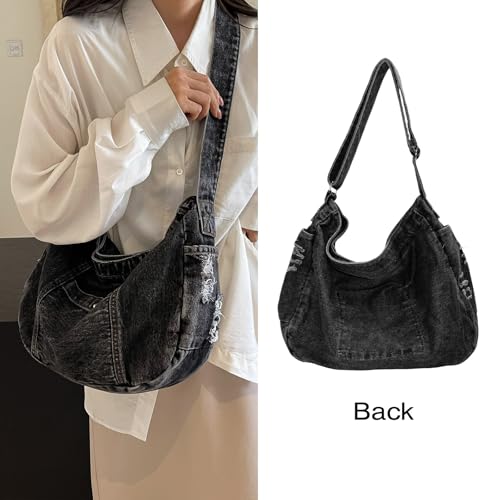 Image of Denim Shoulder Bag for Women,Canvas Tote Messenger Bag with Zipper,Large Casual Crossbody Hobo Handbag Denim Purse