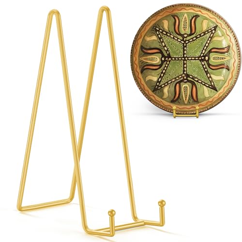 Image of TR-LIFE 12 Inch Large Plate Stands /holder for Display - Metal Picture Frame Holder Stand + Small Easels for Platter, Book, Plaques, Photo, Tabletop Art (Gold 2 Pack)