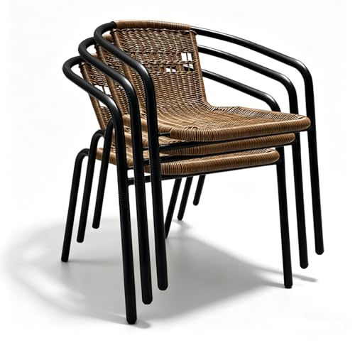 Image of 4 Stackable Wicker Patio Chairs, Weather-Resistant Outdoor Seating, Ideal for Balcony Porch Lawn & Small Patio Furniture Set Decor, Brown
