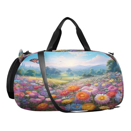 YETTASBIN Sport Travel Duffel Bag for Girls Boys, Butterfly Flower Large Waterproof Weekender Overnight Bag, Detachable Shoulder Strap Gym Bag with Shoe Compartment & Wet Pocket2