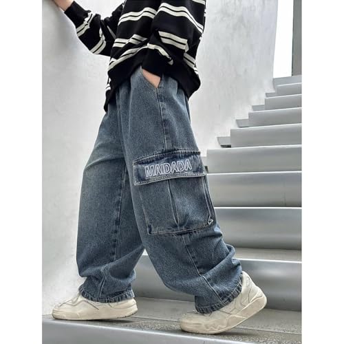 Boys Baggy Cargo Jeans Wide Leg Streetwear 𝗛ip Hop Denim Pants Loose Straight Leg Trousers with Multi-Pocket3