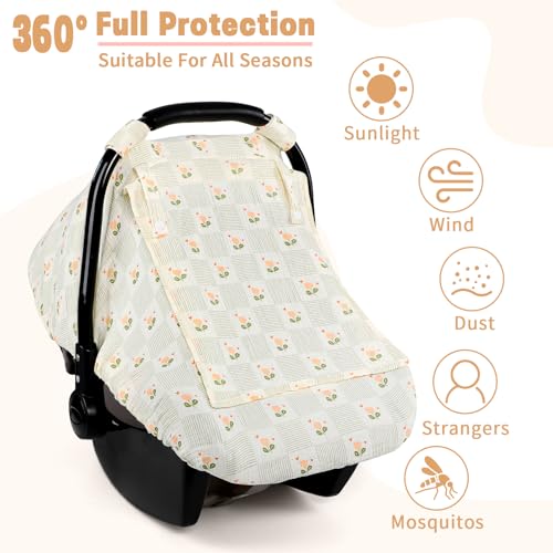 Image of Car Seat Cover Baby, HNHUAMING Muslin Cotton Carseat Covers for Babies Girls Boys Summer Infant Car Seat Covers Canopy, Cozy Newborn Carseat Covers Stroller Cover with Breathable Mesh Window, Floral