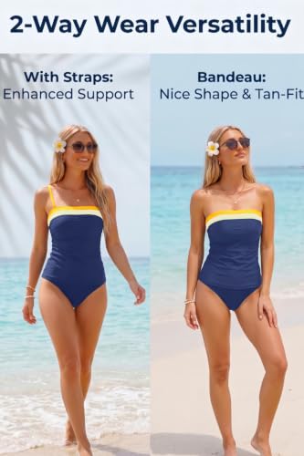 Image of Daci Women Strapless Tankini Tummy Control 2 Piece Bandeau Swimsuit | Full Coverage,Removable&Adjustable Straps,Built-in Soft Unremovable Bra,Ruched Tummy Control,Mid Waist Bottom,Fully Lined