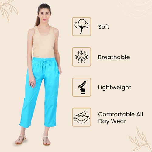 Image of Happy Bunny Parallel Pants for Women 100% Cotton Ankle Length Trousers Regular Fit with Elastic Drawstring Stylish & Pockets Casual Formal Wear for Office & Home